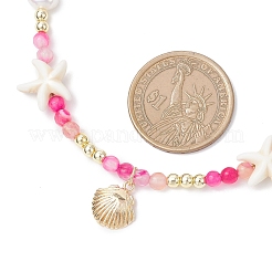 Dyed Natural Agate Faceted Round and Natural Cultured Freshwater Pearl & Starfish Synthetic Turquoise Beaded Brass Shell Shape Pendant Necklaces for Women&nbsp;NJEW-JN05496-01