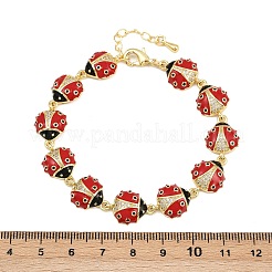 Brass Micro Pave Clear Cubic Zirconia with Enamel Red Ladybug Link Chain Bracelets for Women&nbsp;BJEW-L707-02G