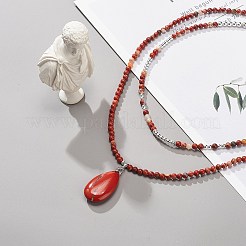 2Pcs 2 Style Natural Red Jasper Teardrop Pendant Necklaces Set&nbsp;NJEW-JN04064