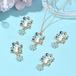 合金エナメル＆アクリルパールペンダント  猫の形と花のチャーム  ゴールドカラー  ダークターコイズ  45mm  約5個/セット&nbsp;PALLOY-YW00228-01