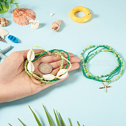 2 Bags Summer Beach Glass Seed Beaded & Natural Shell & Alloy Starfish Charm Anklet Sets&nbsp;AJEW-TA0003-69E