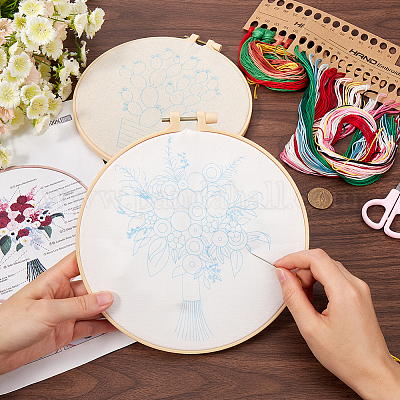 2セット2スタイルのDIY刺繍キット  プリントリネン生地を含む  刺繍糸と針  プラスチック刺繍フープ  混合図形  214x200x10mm  糸: 6 & 14 色  1スタイル/セット&nbsp;DIY-GF0009-97B-1