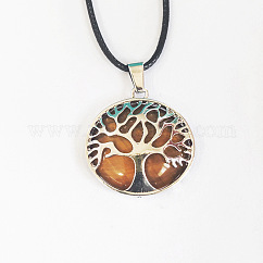 Alloy Pave Natural Tiger Eye Tree of Life Pendant Necklaces, Black Cord Necklaces for Women, Platinum