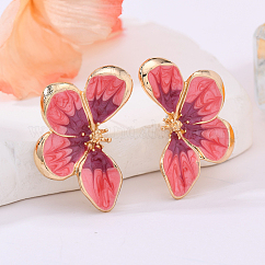 Zinc Alloy Enamel Stud Earrings for Women, Flower, Golden, Hot Pink, 35x22mm