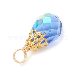 電気メッキガラスチャーム  ティアドロップ  銅線と  多面カット  ゴールドカラー  17.5x7.5mm  穴：3.3mm&nbsp;PALLOY-JF03958-01