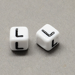 大穴アクリル文字ヨーロピアンビーズ  水平穴  ホワイト＆ブラック  文字.l付きのキューブ  6x6x6mm  穴：4mm&nbsp;X-SACR-Q103-6mm-01L