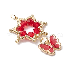 ガラスシードビーズの花のペンダント  本物の18Kゴールドメッキ304ステンレススチール丸カンと合金エナメルバタフライチャーム付き  ミックスカラー  36x24x4mm&nbsp;PALLOY-MZ00623
