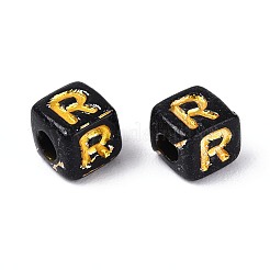 不透明なアクリルビーズ  ゴールドライン入り  文字付きのキューブ  ブラック  文字r  4.5~5x4.5~5x4.5~5mm  穴：2mm  約6250個/500g&nbsp;SACR-T035-20R