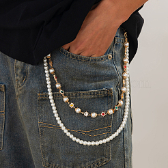 1Pc Plastic Imitation Pearl Round Beaded Alloy Rhinestone Link Chain Double Layered Chain Belts for Pants&nbsp;AJEW-CP0009-84
