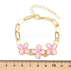 304ステンレススチール製エナメルフラワーリンクブレスレット（女性用）  イオンプレーティング（ip）  ピンク  7.32インチ（18.6cm）&nbsp;BJEW-Z160-02G-02