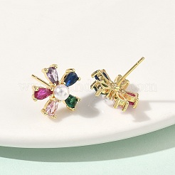Flower Brass Cubic Zirconia Stud Earrings&nbsp;EJEW-P336-06G-01