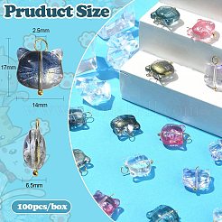 100個5色ガラスペンダント  金色の真鍮ループ  猫の頭のチャーム  ミックスカラー  17x14x6.5mm  穴：2.5mm  20個/カラー&nbsp;GLAA-CJ0002-34