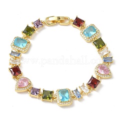 Brass Micro Pave Colorful Cubic Zirconia Rectangle & Square & Teardrop Link Chain Bracelets for Women&nbsp;BJEW-G764-07G