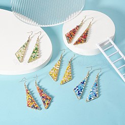 ガラスビーズのトライアングルダングルイヤリング  女性用ゴールデン 304 ステンレス ワイヤー ラップ ジュエリー  ミックスカラー  74mm  ピン：0.7mm&nbsp;EJEW-JE05255