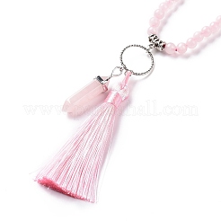 Natural Rose Quartz Bullet & Tassel Pendant Necklace with Mixed Gemstone Beaded Chains&nbsp;NJEW-E585-02E
