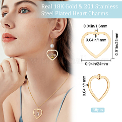 201ステンレススチールペンダント30個  ハート  18KGP本金メッキ  23x24x1mm  穴：1.6mm＆1mm&nbsp;STAS-BBC0002-34