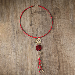 Alloy & Resin Flat Round Pendant Multi Layered Waxed Cord Y Necklaces for Women&nbsp;FS-WGE6F2E-01