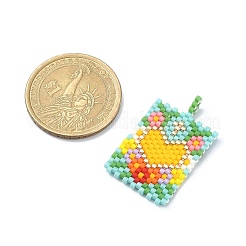 手作りの日本の種織機模様 シード ビーズ  ハートのペンダントが付いた長方形  きいろ  32x19.5x1.5mm  穴：2.5mm&nbsp;PALLOY-MZ00105-03