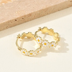 女性用真鍮エナメルフープピアス  花  ラックめっき  長持ちメッキ  鉛フリー＆カドミウムフリー  18KGP本金メッキ  ホワイト  17x6.5mm&nbsp;EJEW-A167-27B-01