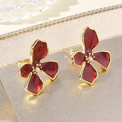 女性のための真鍮エナメル スタッド イヤリング  花  ABSプラスチックイミテーションパール付き  長持ちメッキ  ラックめっき  鉛フリー＆カドミウムフリー  ゴールドカラー  レッド  20x18mm&nbsp;KK-CBA760A-11G-06