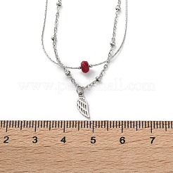 304 Stainless Steel & Dyed Natural White Jade Feather Pendant Double Layer Necklaces for Women&nbsp;NJEW-A045-20P