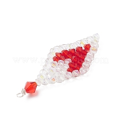 ガラスチャーム  ハートを持つ菱形  銅線と  多面カット  レッド  50.5x22x6mm  穴：2mm&nbsp;PALLOY-MZ01046