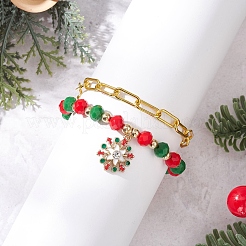 クリスマステーマの合金エナメルチャームブレスレットと鉄製ペーパークリップチェーンブレスレットセット2個、2スタイル  ガラスビーズ  スノーフレーク  7-1/2~7-3/4インチ（19.2~19.6cm）&nbsp;BJEW-JB12443-02