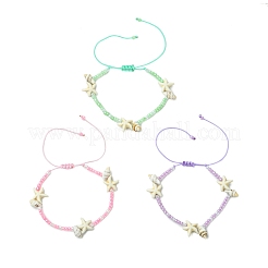 3個 3色 ヒトデ&巻貝 合成ターコイズチャームブレスレット  女性用調節可能なガラスシード編みブレスレット  ワックス加工ポリエステル糸  ミックスカラー  内径：1-3/4~3-3/4インチ（4.5~9.4cm）&nbsp;BJEW-JB11521