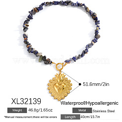 304 Stainless Steel Sacred Heart Pendant Natural Sodalite Chip Beaded Necklaces for Women&nbsp;WG4ED26-01