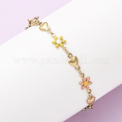 フラワー＆ハート 304ステンレススチール リンクブレスレット（女性用）  エナメル  カラフル  6-3/4インチ（17.2cm）&nbsp;BJEW-F524-06A-G