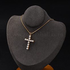 PVD 真空メッキ 304 ステンレススチール & プラスチック パール クロス ペンダント ラウンド スネーク チェーン ネックレス 女性用  長持ちメッキ  ゴールドカラー  15.83インチ（40.2cm）&nbsp;STAS-Z114-20G