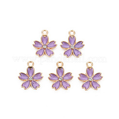合金エナメルチャーム  クリスタルラインストーン付き  さくらの花  ライトゴールド  暗い蘭  17x14x3mm  穴：1.8mm&nbsp;ENAM-S121-052E