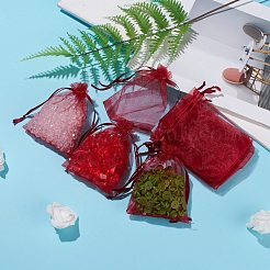 ドローストリング付きオーガンジーギフトバッグ  結婚披露宴クリスマスの好意ギフトバッグ  ポプリ用オーガンジーポーチ  暗赤色  12x9cm&nbsp;OP-R016-9x12cm-03