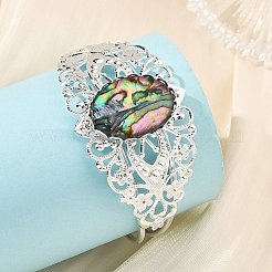 楕円形の天然パウア貝と真鍮製の中空花柄カフバングル（女性用）  銀  内径：1.97x2.15インチ（5x5.45cm）&nbsp;BJEW-JB14503-02