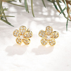 Flower Brass Micro Pave Clear Cubic Zirconia Stud Earrings&nbsp;EJEW-H162-03G