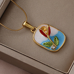 316 Surgical Stainless Steel Enamel Rectangle with Flower Pendant Necklaces for Women&nbsp;GH2755