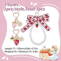 3Pcs Strawberry Acrylic & Alloy Enamel & Glass Pearl Pendant Decoration&nbsp;HJEW-HY00122
