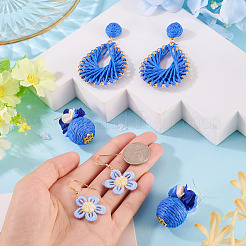 3ペア3スタイルのイヤリングセット  真鍮ラフィアダングルスタッドピアスを含む  鉄製のラフィアの花と丸いダングルイヤリング  ステンレススチールウールのダングルイヤリング  ゴールドカラー  ブルー  45~68.5x22.5~41mm  1ペア/スタイル&nbsp;EJEW-TA000-70C