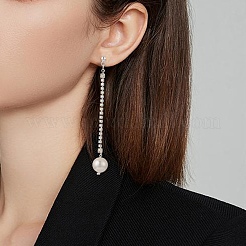 真鍮ラインストーンストラスチェーンダングルスタッドピアス  ラウンドシェルパールビーズ付き  女性用304ステンレスジュエリー  プラチナ  80mm  ピン：0.8mm&nbsp;EJEW-TA00195