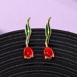 真鍮エナメルスタッドピアス  チューリップ  ゴールドカラー  レッド  29x8mm&nbsp;EJEW-F390-02G-01