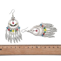 リング＆フェザー合金＆ガラスシャンデリアピアス  アンティークシルバー  90.5x32mm&nbsp;EJEW-G426-01AS