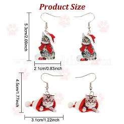 猫のアクリル製ダングルイヤリング付きクリスマスハット2組（2スタイル）  女性用プラチナメッキ鉄ジュエリー  レッド  48~53mm  ピン：0.6mm  1ペア/スタイル&nbsp;EJEW-AN0002-37