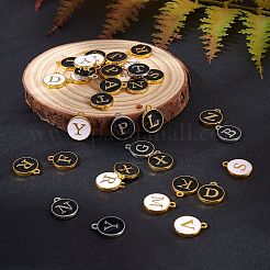 金メッキ合金エナメルチャーム  エポチャーム  アルファベット付きのフラットラウンド  a～zの文字  ゴールドカラー  14x12x2mm  穴：1.5mm  26個/セット  5セット /箱&nbsp;ENAM-SZ0001-01