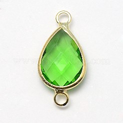 ゴールデントーン真鍮ガラスティアドロップリンクコネクター  緑黄  21x11x5mm  穴：2mm&nbsp;GLAA-J010A-HF11-G