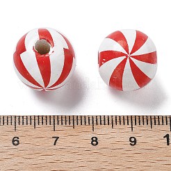 プリントされたシマウッドヨーロピアンビーズ  ラウンド  ファイヤーブリック  15.5x15mm  穴：4mm&nbsp;WOOD-G023-15B