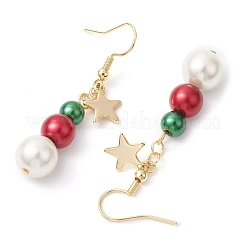 クリスマス ラウンド ガラス & シェル パール ダングル イヤリング  女性用スター真鍮イヤリング  ゴールドカラー  50x10mm&nbsp;EJEW-TA00506