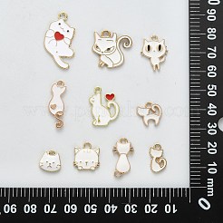 50個10スタイルアロイエナメルチャーム  猫の形  ライトゴールド  ホワイト  15~30x8~20x1.5~3mm  穴：1.6mm  5個/スタイル&nbsp;ENAM-CJ0004-29