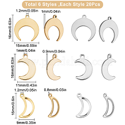 120個6スタイル304ステンレススチールペンダント  ムーン  ゴールデン·ステンレス鋼色  15~16x9~15x0.8~1mm  穴：1~1.5mm  20個/スタイル&nbsp;STAS-SC0004-01