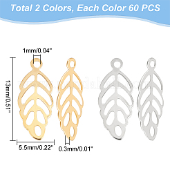 304ステンレススチールチャーム  葉  ゴールデン·ステンレス鋼色  13x5.5x0.3mm  穴：1mm  120個/箱&nbsp;STAS-UN0017-93
