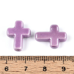 手作りの陶器ビーズ  光沢釉の磁器  クロス  紫色のメディア  16~17x13~13.5x5~5.5mm  穴：1.4~1.8mm&nbsp;PORC-F010-06-01